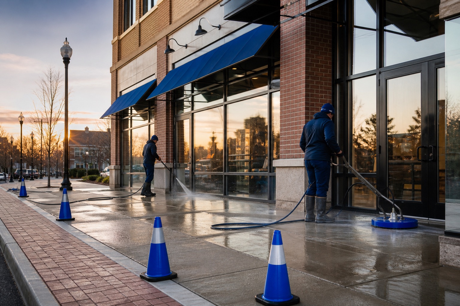 Two-person crew washing a retail entrance with safety cones before opening
