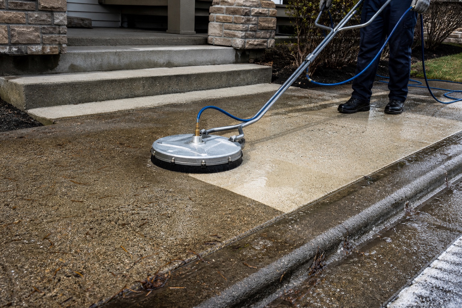 Professional surface cleaner removing ordinary buildup from a concrete walkway