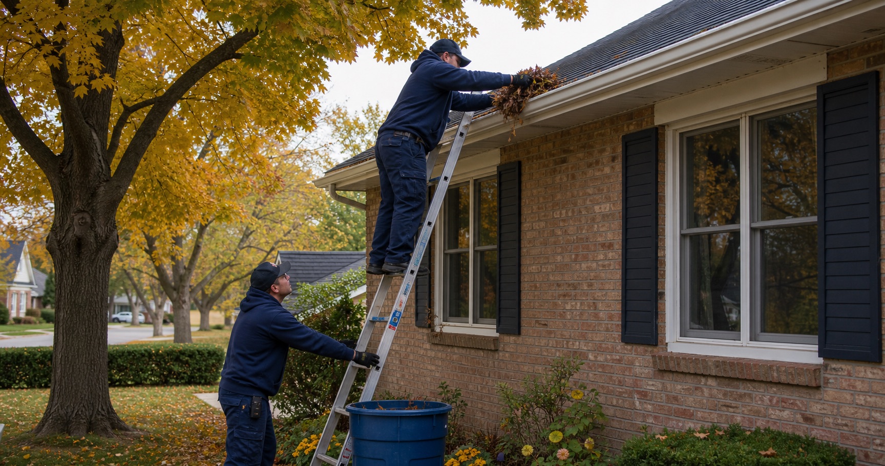 Two-person crew removing fall leaves from an accessible residential gutter