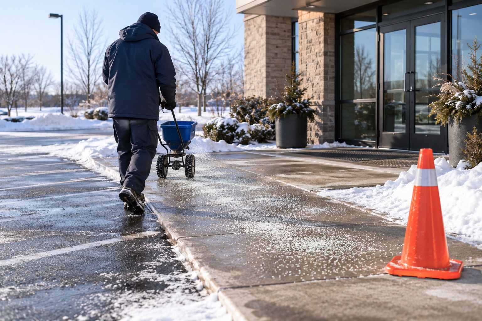 Worker applying granular ice melt with a broadcast spreader at a small commercial entrance