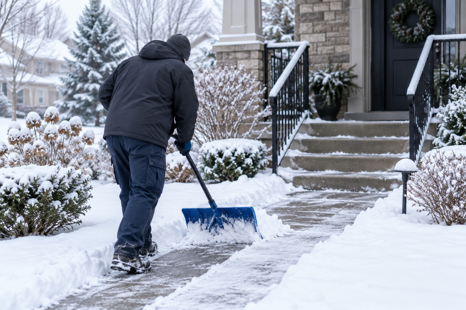 Worker shoveling fresh snow from a residential sidewalk and front steps