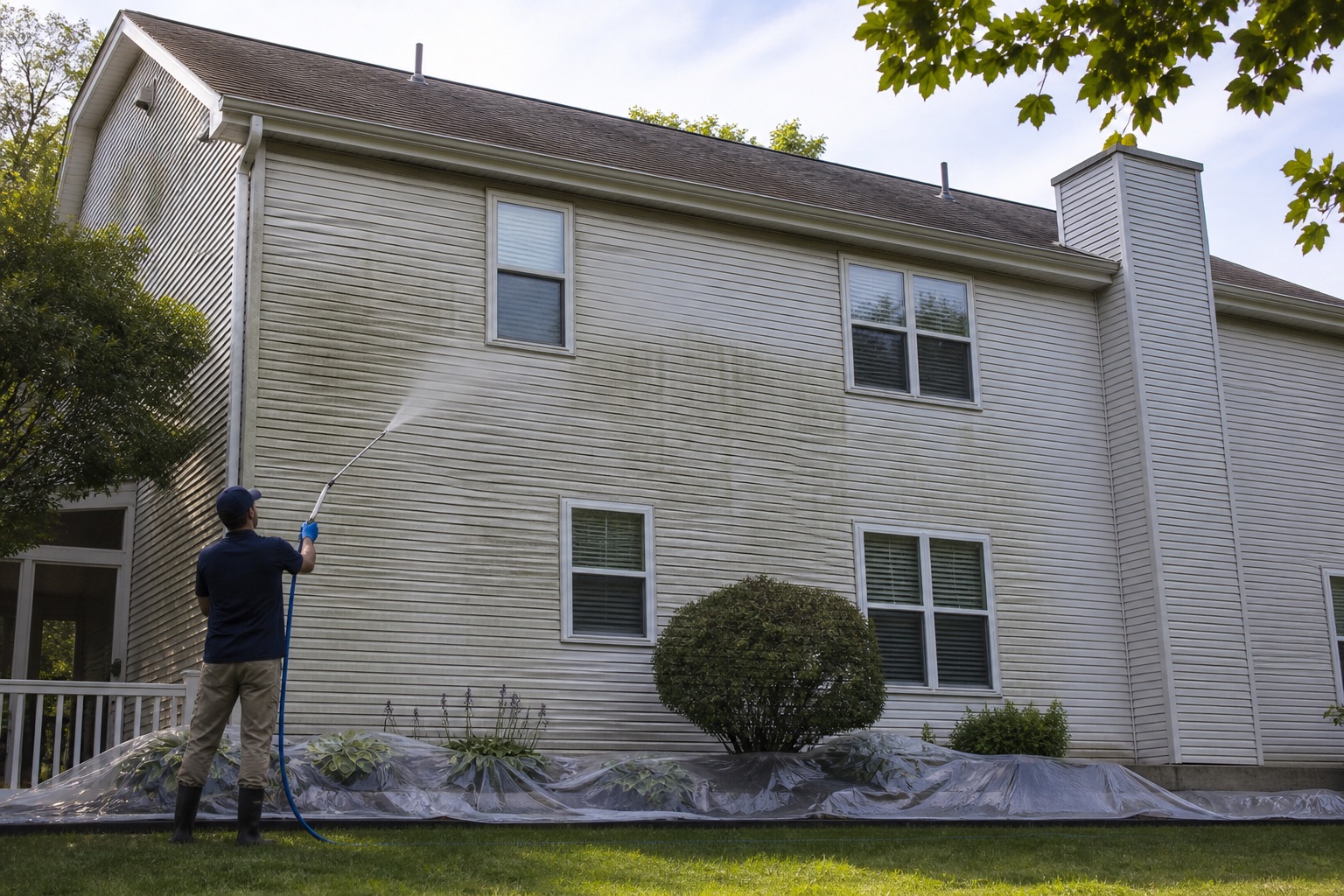Technician applying a gentle fan spray to shaded residential siding with landscaping protected